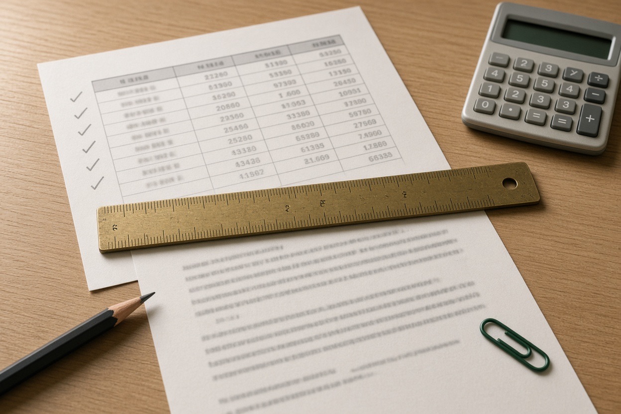 A budget table beside a ruler and calculator