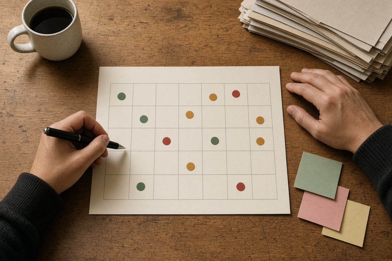 A hand marking a readiness grid with colored dots