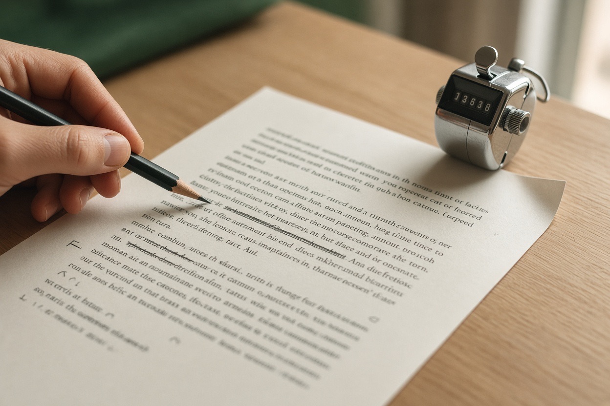 A pencil marking a paragraph next to a tally counter