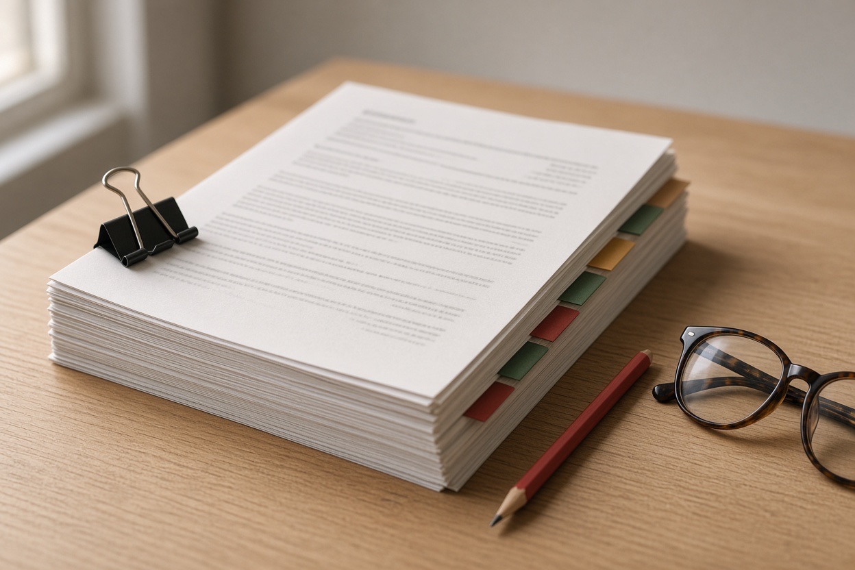 A thick stack of funding notice pages with colored tabs