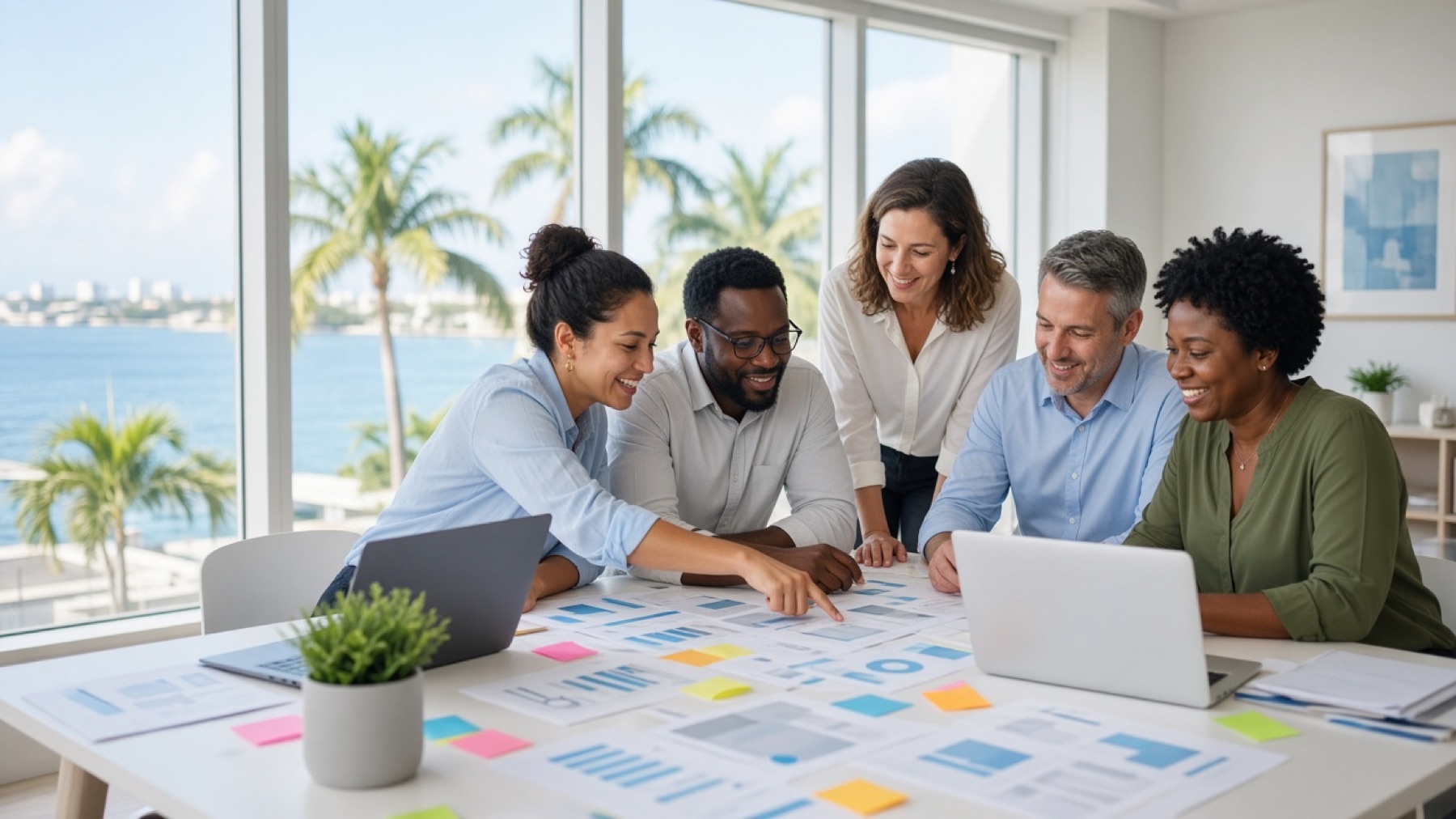 A nonprofit grant team working with an AI4Grants consultant in a Miami office overlooking the bay