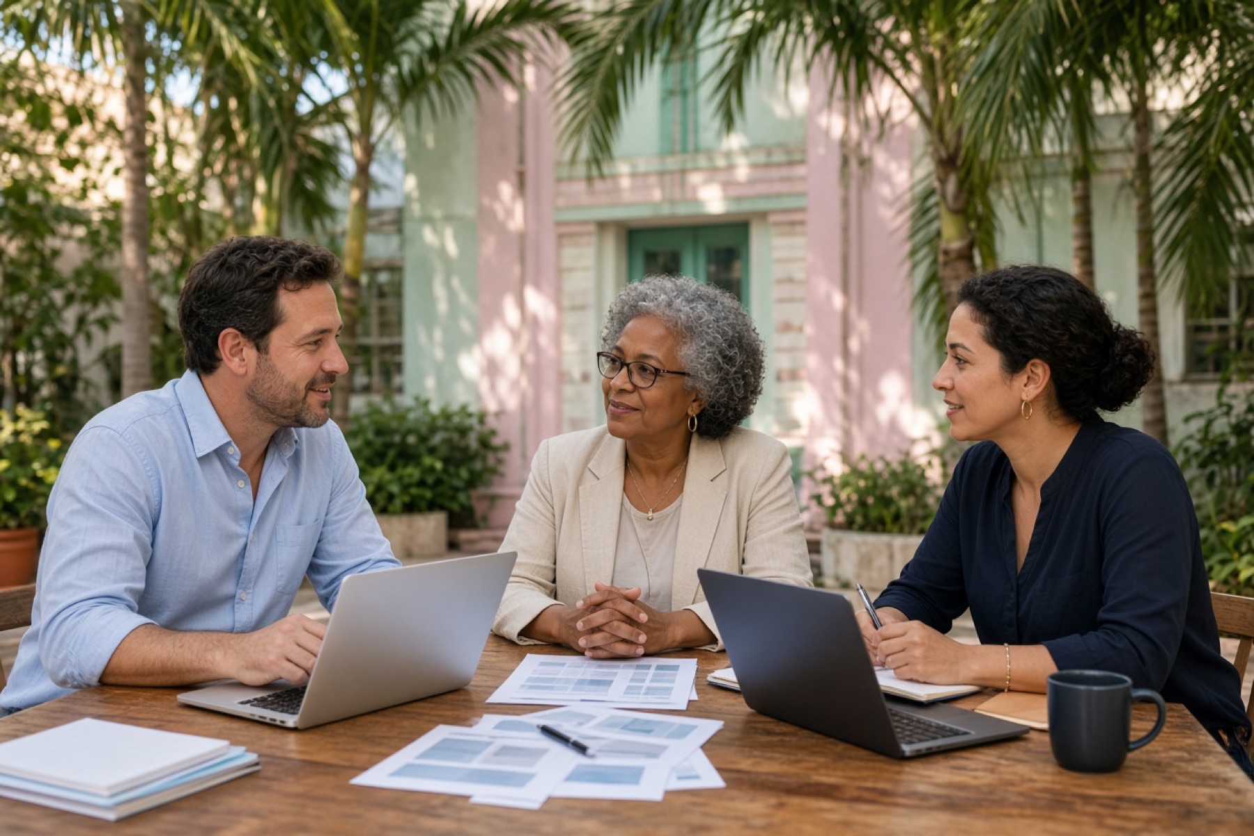 An AI4Grants consultant meeting with a nonprofit director and grant writer in a Miami courtyard