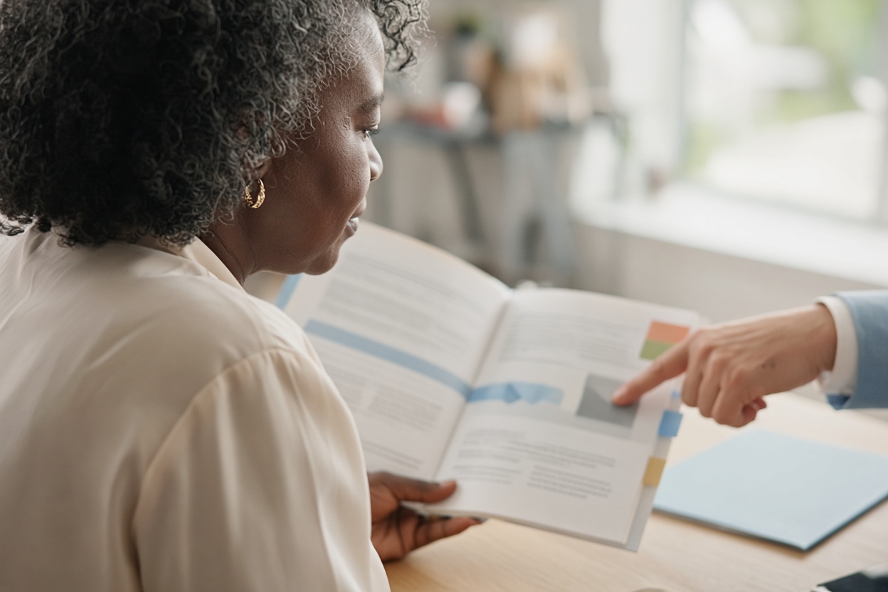 A nonprofit director reviewing a readiness brief while a consultant points to a finding