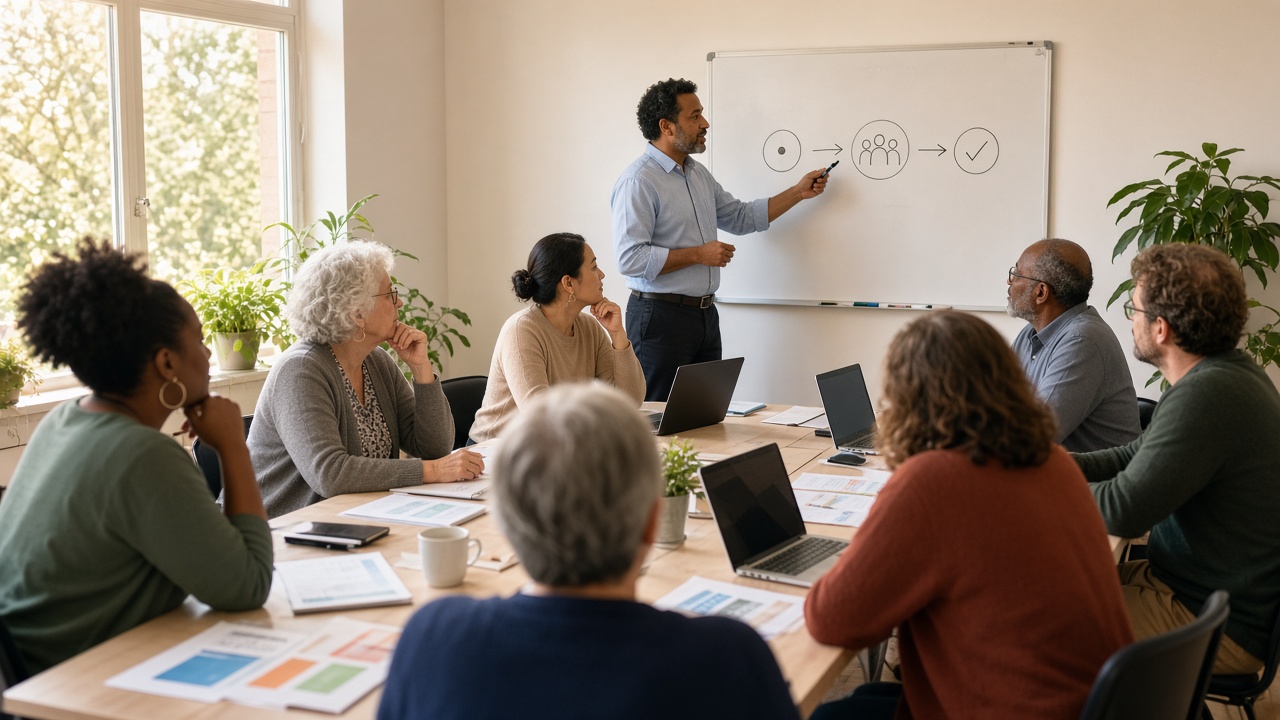 A trainer walking a room of grant writers through a workflow on a whiteboard