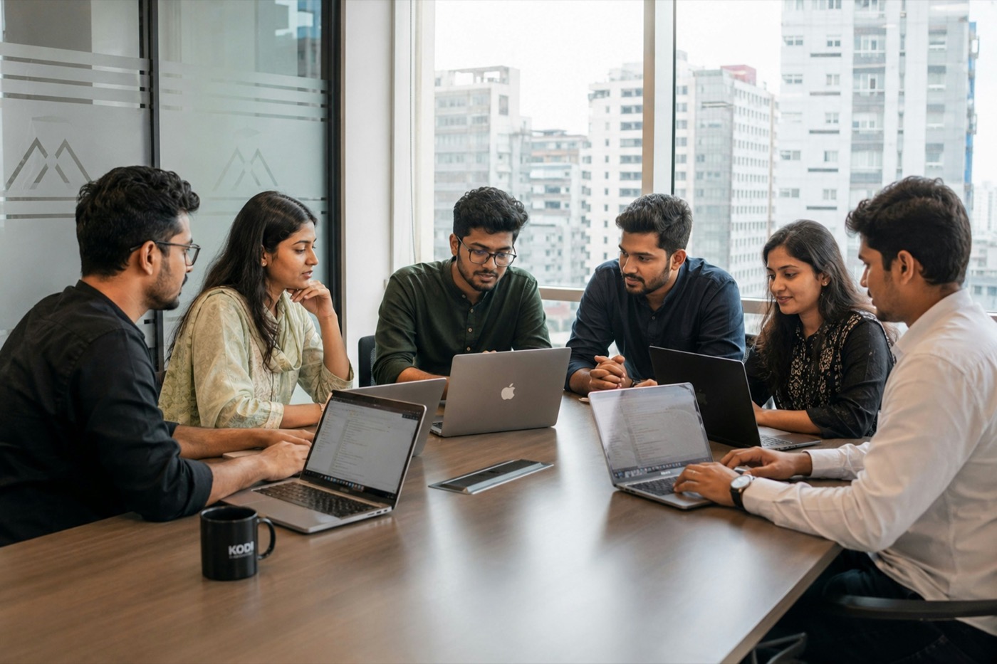 A development team working together at a long table with laptops